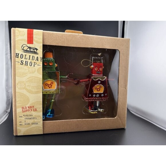 Old Navy Box of Robot Christmas Ornaments Red Green Spring Arms Dangling Legs - Picture 4 of 16